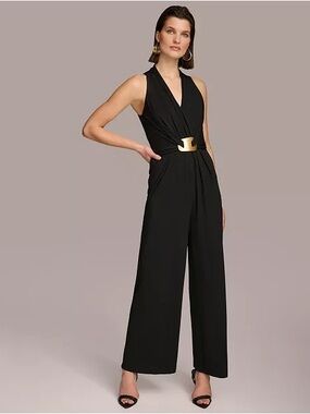 Donna Karan Black Sleeveless Draped Jumpsuit with Gold Logo Detail